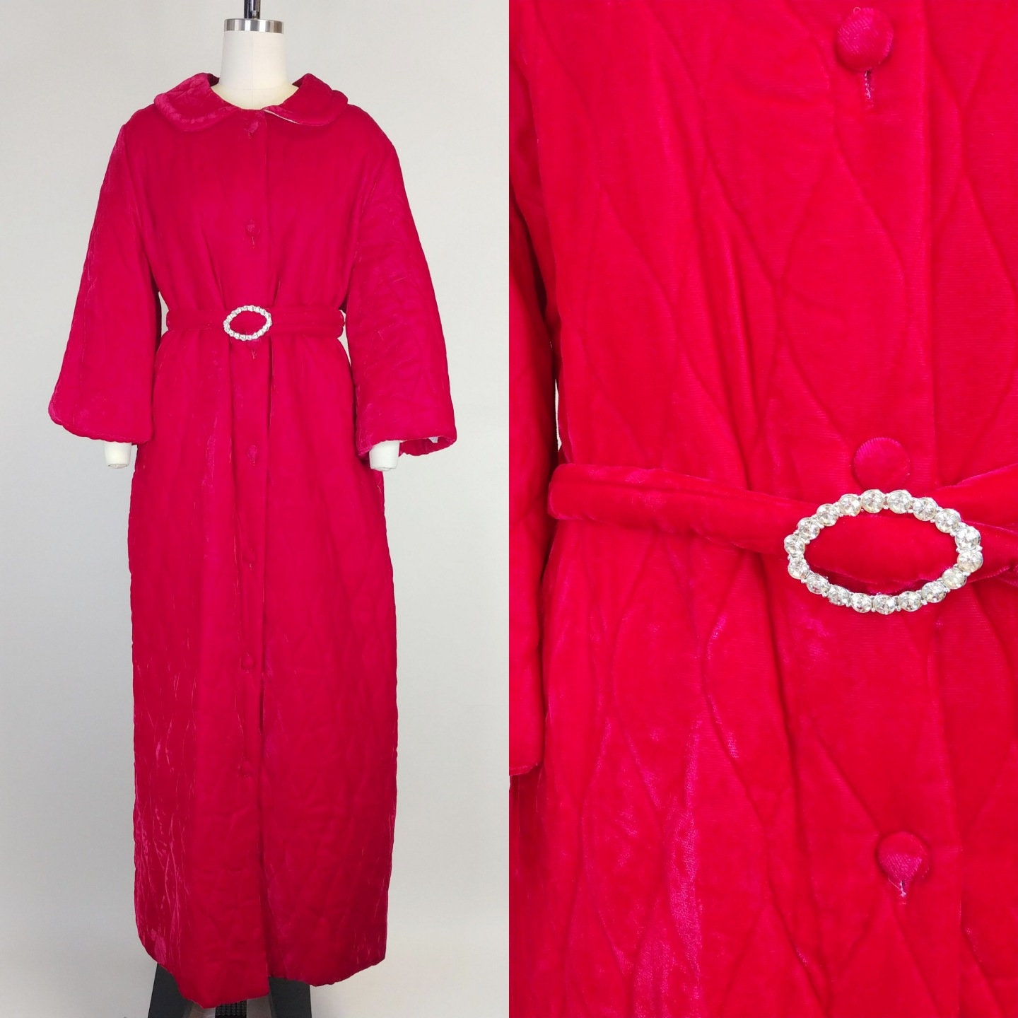1960s Campus Girl Cranberry Red Velvet Quilted Robe | Vintage 60s Housecoat Loungewear