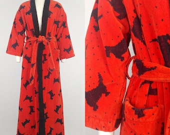 1980s Scottie Dog Robe | Vintage 80s Red Black Terrycloth House Robe | Women's Loungewear