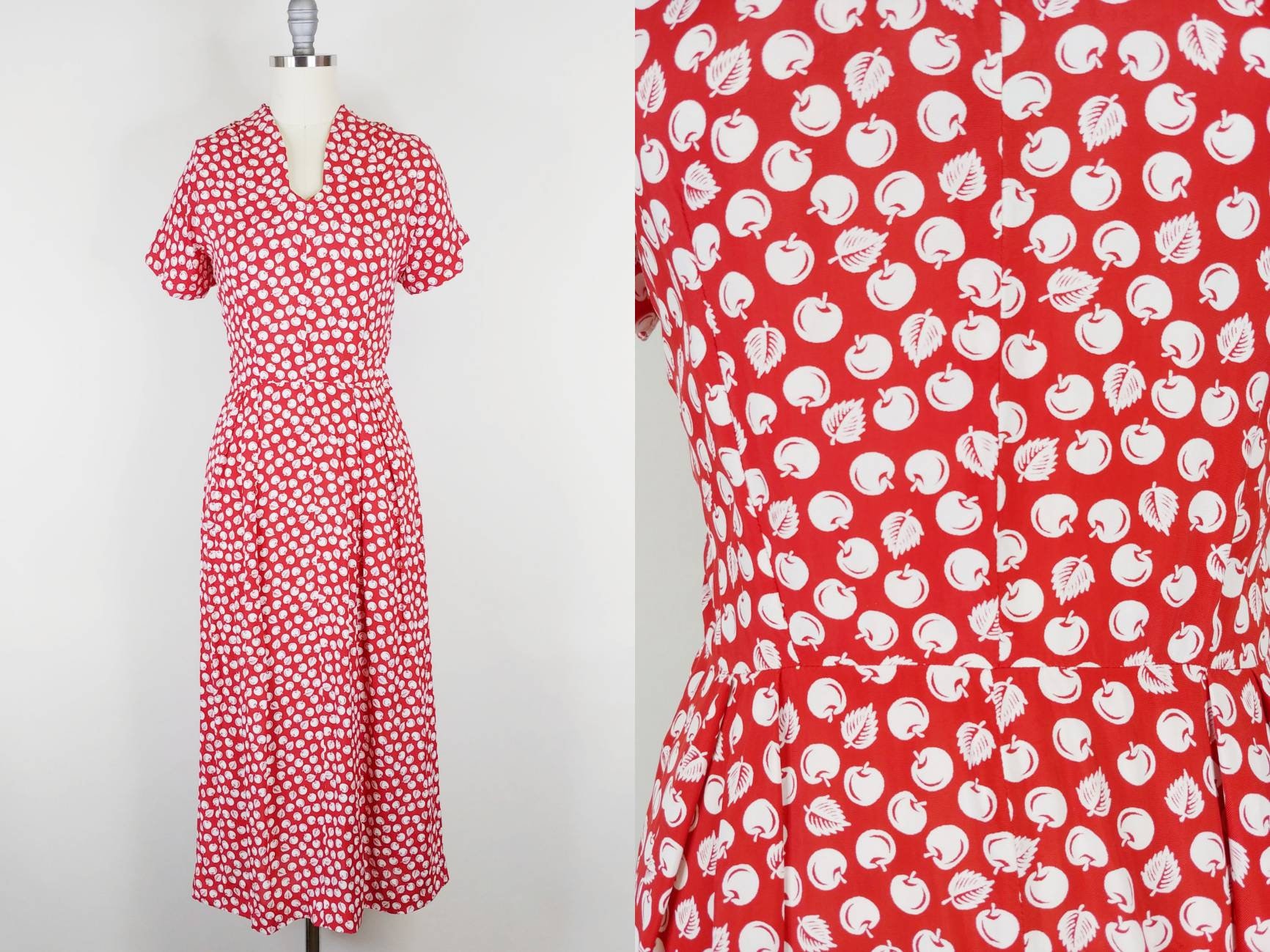 1940s Apple Novelty Print Rayon Dress | Vintage 40s Red