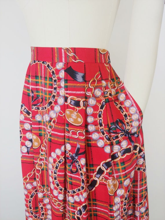 1990s Bows and Chains Novelty Print Plaid Midi Sk… - image 4