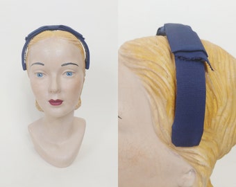 1950s Navy Blue Grosgrain Bow Headband | Vintage 50s Headband Hat | Womens Hair Accessories