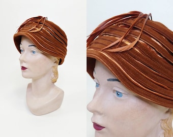 1950s Vincent de Koven Copper Brown Feather Hat | Vintage 50s Bronze Rust Brown Turban | Women's Formal Hats