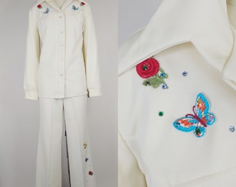 Vintage jaren 70 vlinderpak polyester polyester | Applicatie met strassteentjes, top met kraag