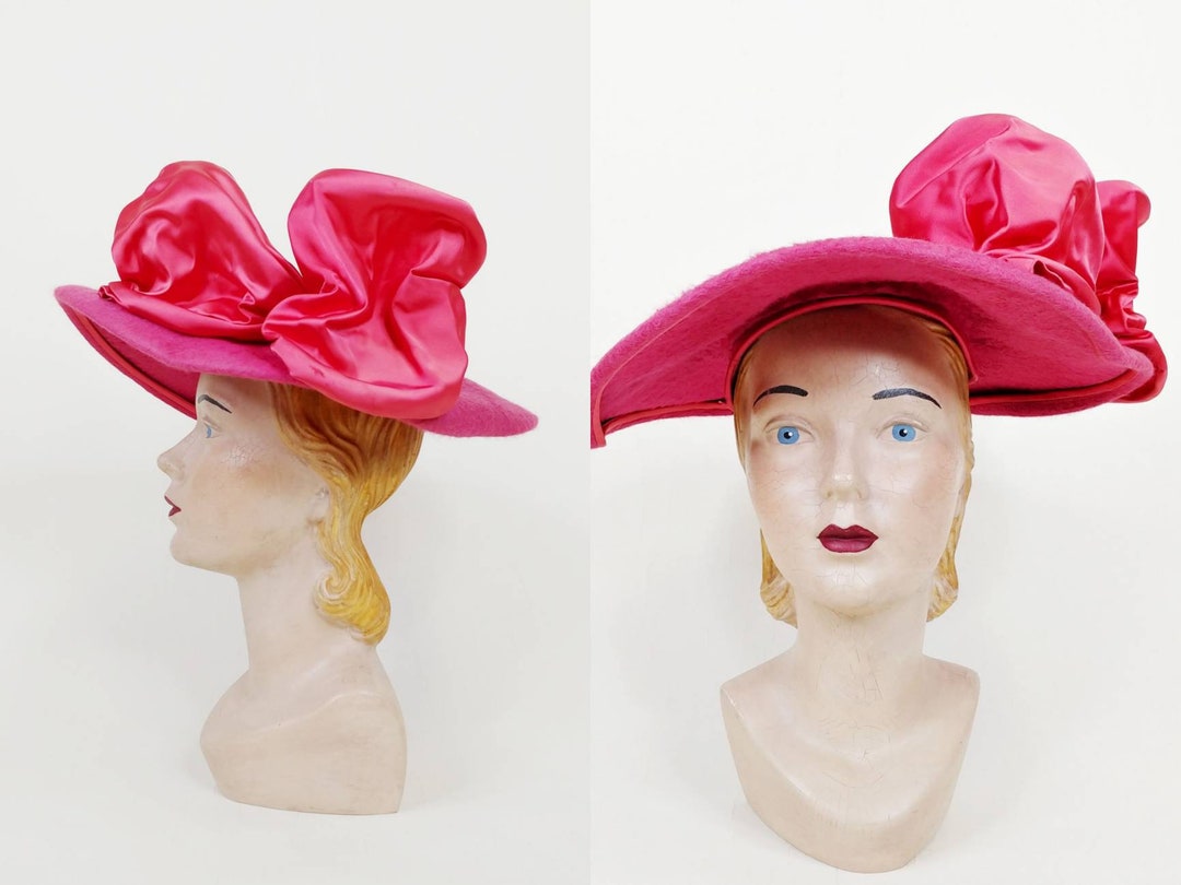 1950s Hot Pink Bow Furry Platter Hat Vintage 50s Bright Pink Brimmed