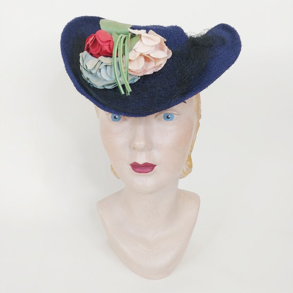 1940s Blue Suitor Tilt Hat | Vintage 40s Floral Dark Blue Mini Hat | Women's Spring Summer Brimmed Hat