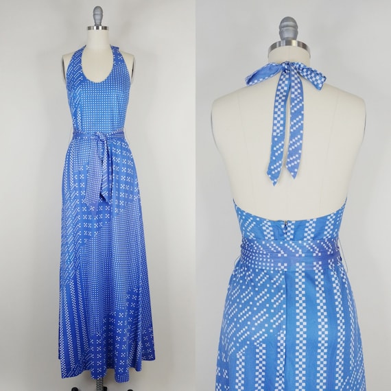 1970s Halter Maxi Dress | Vintage 70s Blue Checke… - image 1