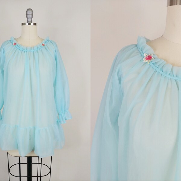 1950s Aqua Blue Nylon Chiffon Babydoll Nightgown | Vintage 50s Sheer Bed Top Nightdress | Women's Lingerie Medium