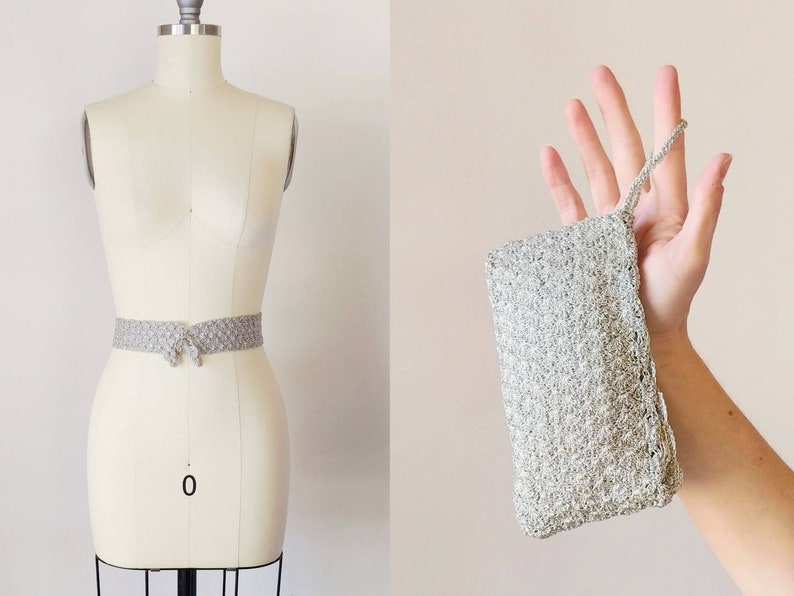1950s Silver Lurex Crochet Belt and Clutch Women/'s Formal Evening Accessories Vintage 50s Metallic Waist Belt and Purse Set