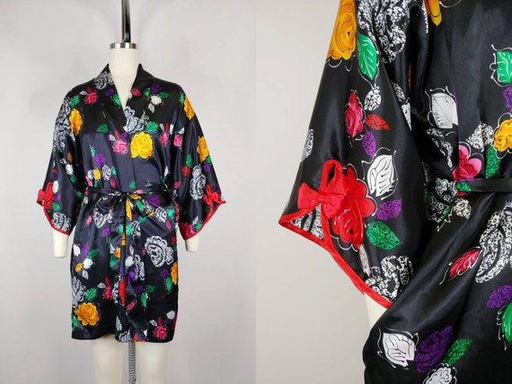 1990s California Dynasty Rose Print Kimono Robe |… - image 1