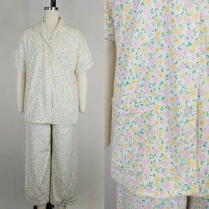 1960s Flannel Pajamas | Vintage 60s Pink Floral Menswear Button Down Collared Pajama Top and Pants | Women&#39;s PJs Sleepwear Loungewear