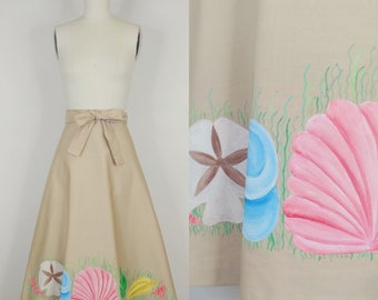 1970s Hand Painted Seashell Signed Wrap Skirt | Vintage 70s Khaki A Line Skirt