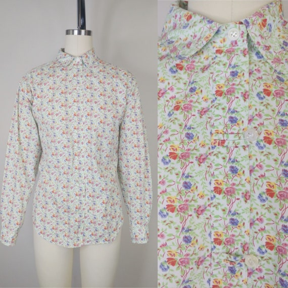 1990s Floral Cotton Blouse | 90s Button Down Shirt