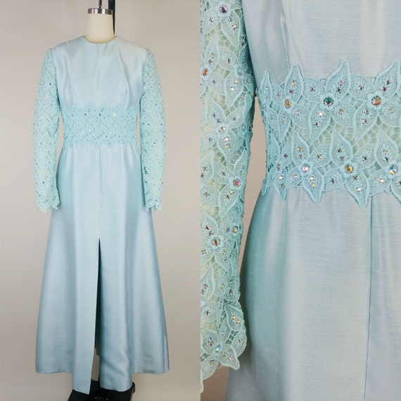 1960s Montaldo's Ice Blue Shantung Evening Dress … - image 1