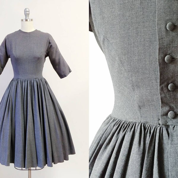 1950s Lanz Originals Grey Wool Fit n Flare Dress | Vintage 50s Button Down Folk Dress | Women's Clothing Extra Small