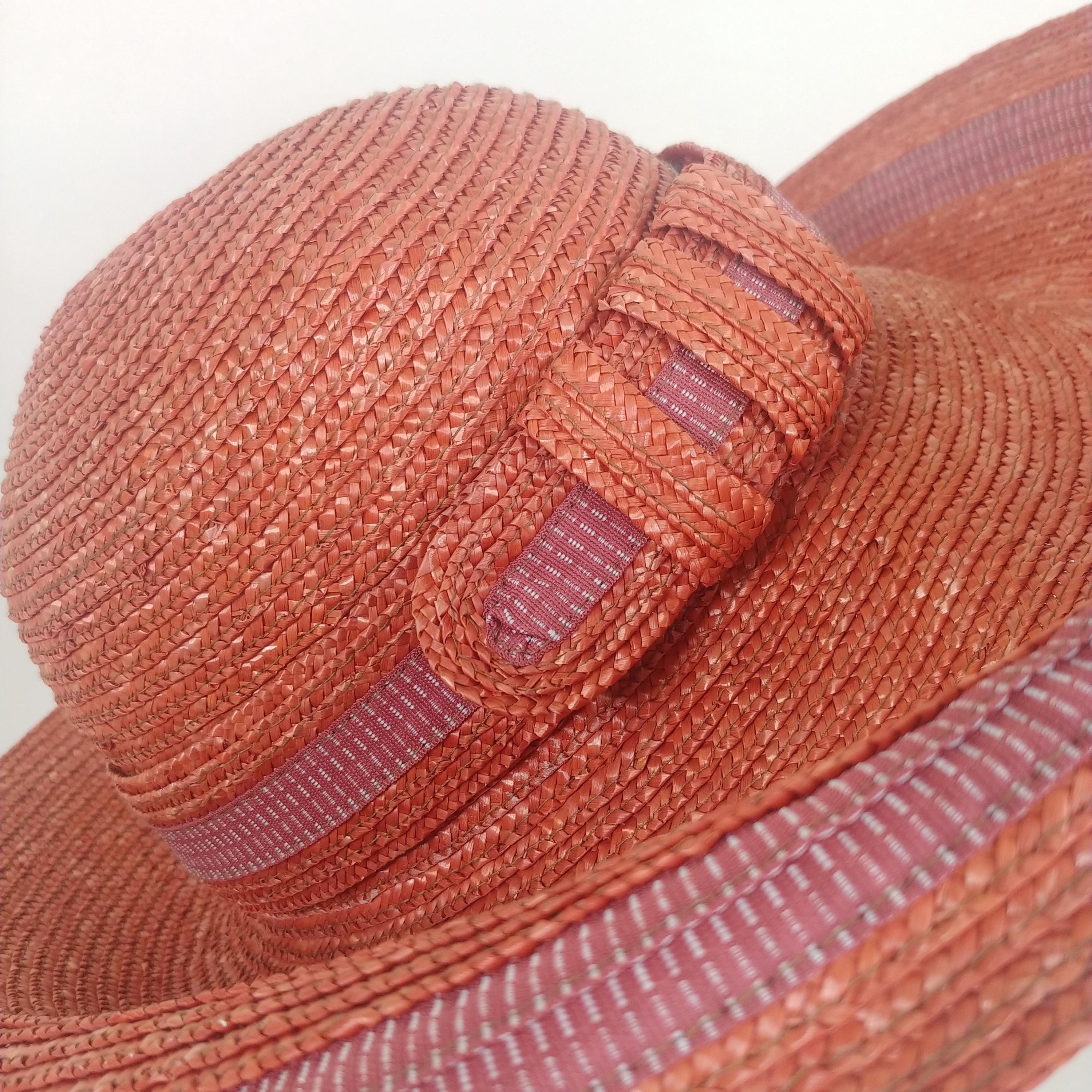 Vintage Straw Wide-Brim Hat Red Orange Vintage 1940s Red Straw Hat Wide Brim Flower Decoration  main image 2