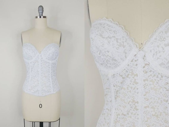 1990s Frederick's of Hollywood White Lace Bustier Vintage 90s Underwire  Long Line Corset Bra Women's Lingerie Shapewear 36C 