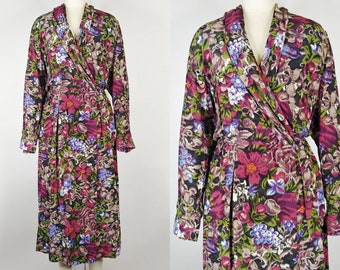 1990s Liz Claiborne Floral Silk Dress | Vintage 90s does 1940s Long Sleeve Dress | Women's Clothing Large 30 Waist