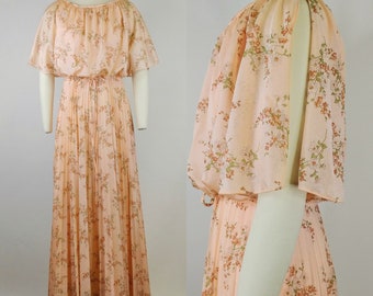 1970s Peach Daisy Print Polyester Maxi Dress | Vintage 70s Split Sleeve Spring Formal Gown