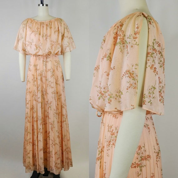 1970s Peach Daisy Print Polyester Maxi Dress | Vi… - image 1