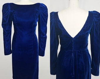 1980s Blue Velvet Party Dress | Vintage 80s Wiggle Dress | Womens Formal Cocktail Dress