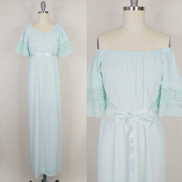 1970s Mint Green Empire Waist Nightgown  | Vintage 70s Lace Maxi Nightdress