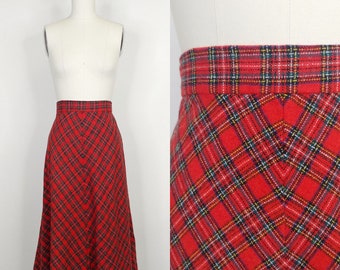 1970s Red Tartan Plaid A Line Wool Skirt | Vintage 70s Skirt  | Womens Clothing 27 28 Waist