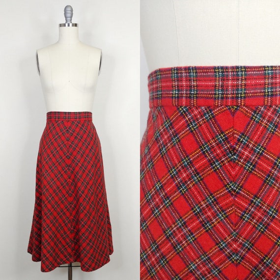 1970s Red Tartan Plaid A Line Wool Skirt | Vintag… - image 1