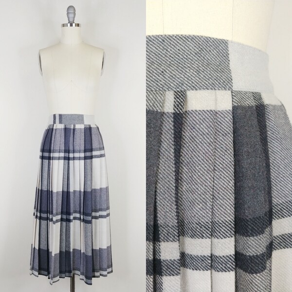 1980s Grey  White Plaid Pleated Wool Skirt | Vintage 80s High Waist Secretary Skirt | Women's Clothing Large 29 Waist