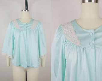 1960s San Souci Light Turquoise Blue Satin Nylon Bed Jacket | Vintage 60s Teal Peignoir Top | Women's Lingerie Loungewear Small