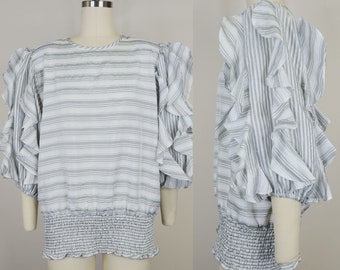 1980s Mosaics Grey White Striped Blouse | Vintage 80s does 30s Dropped Waist Top