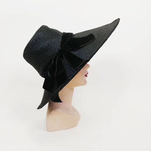 1940s Leslie James Black Straw Picture Hat | Vintage 40s Wide Brim Portrait Hat shops | Women's Hats
