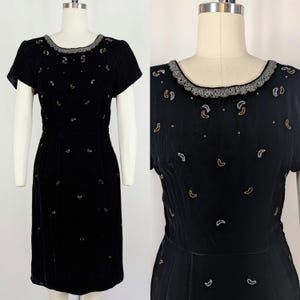 1950s Crescent Moon Black Velvet Beaded Cocktail Dress | Vintage 50s Formal Dress