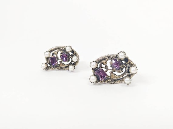 1950s Amethyst Purple Rhinestone Clip On Earrings… - image 1