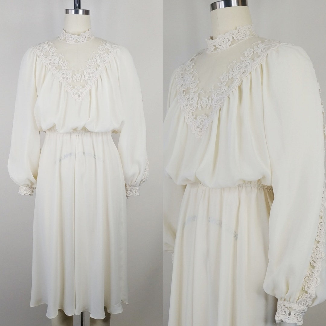 1970s Victorian Revival Dress Vintage 70s Cream Lace High Neck Dress Etsy