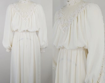1970s Victorian Revival Dress | Vintage 70s Cream Lace High Neck Dress