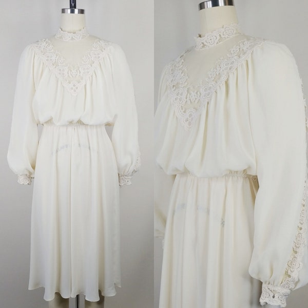 1970s Victorian Revival Dress | Vintage 70s Cream Lace High Neck Dress