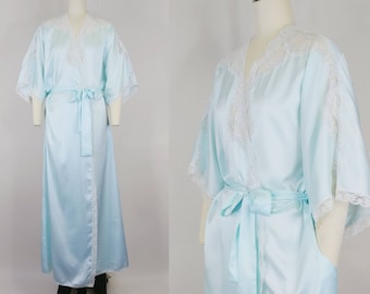 1980s Christian Dior Satin Robe | Vintage 80s Aqua Blue Dressing Gown | Women&#39;s Loungewear Large