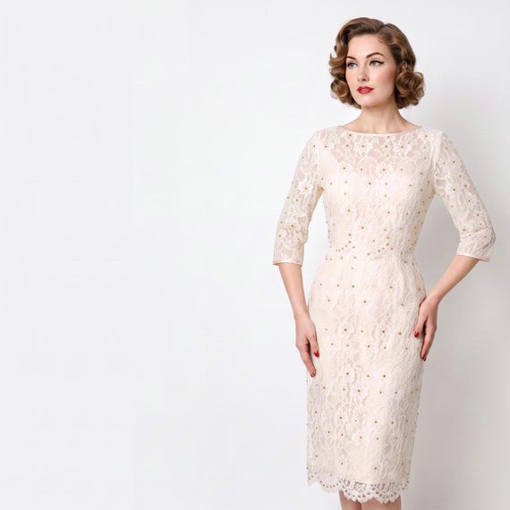 1950s Cream Lace Cocktail Dress