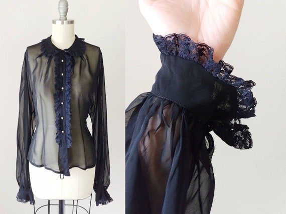 1950s Black Rayon Chiffon Ruffle Blouse | Vintage