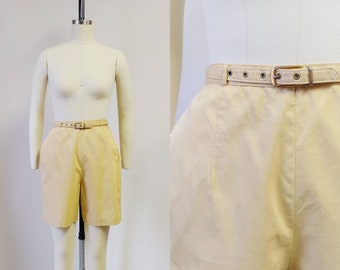 1950s Mustard Yellow Cotton Shorts | Vintage 50s High Waist Shorts | Women's Clothing Extra Small 24 Waist