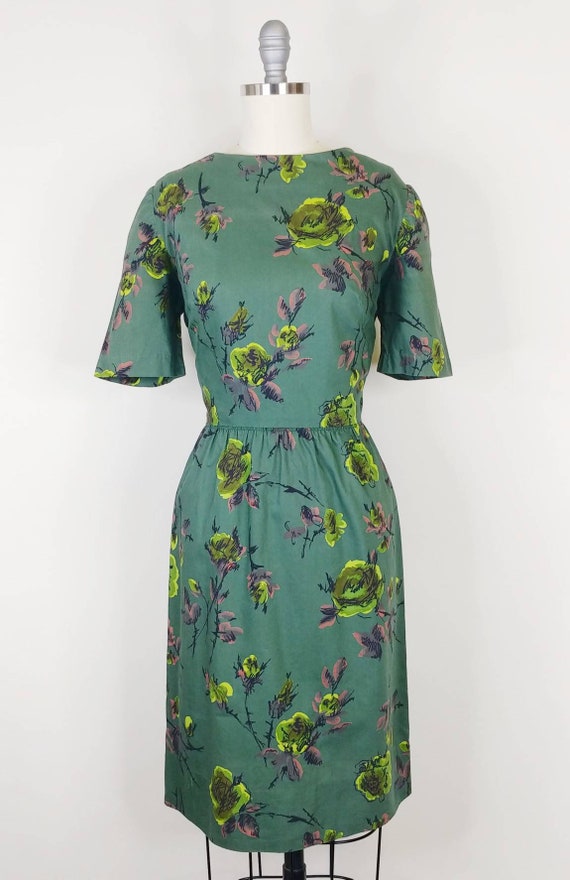 1960s Rose Print Cotton Sheath Dress | Vintage 60… - image 2