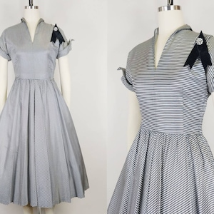 1950s Black and White Fit n Flare Dress | Vintage 50s Short Sleeve Formal Dress | Women&#39;s Evening Dress Small 26 Waist
