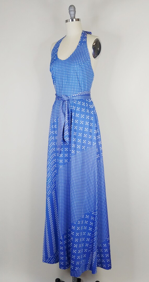 1970s Halter Maxi Dress | Vintage 70s Blue Checke… - image 5