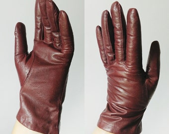 1970s Van Raalte Maroon Leather Gloves | Vintage 70s Dark Red Knit Lined Women's Driving Gloves | Fall Winter Accessories Size