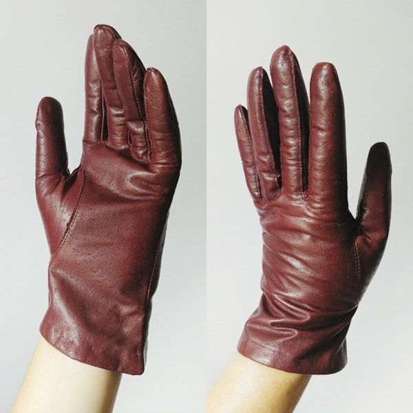 Gants en cuir marron Van Raalte des années 1970 | vintage années 70 Dark Red Knit Lined Gants de conduite pour femmes | Taille des accessoires automne-hiver