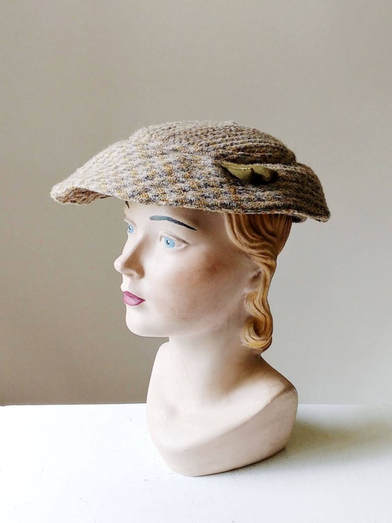 1950s Tweed Saucer Hat | Vintage 50s Dusty Blue Gr