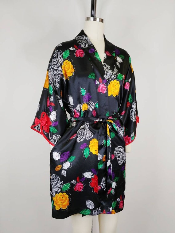 1990s California Dynasty Rose Print Kimono Robe |… - image 3