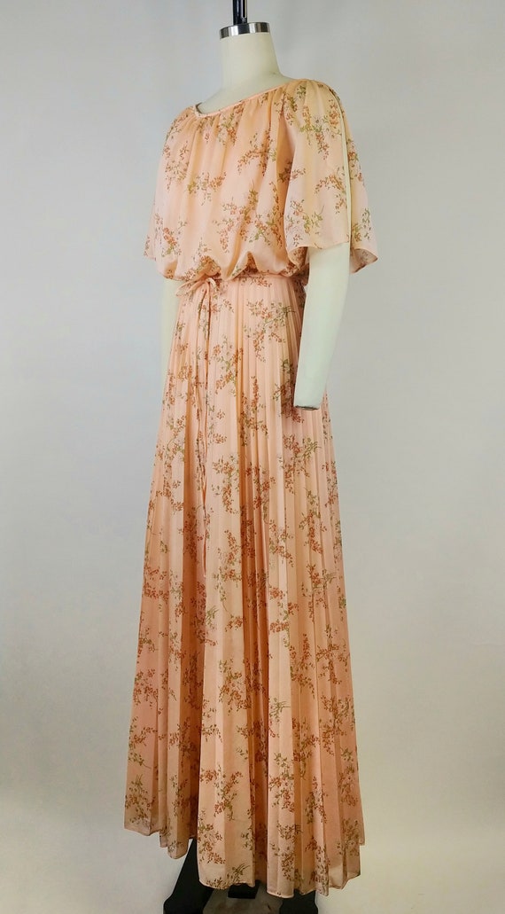 1970s Peach Daisy Print Polyester Maxi Dress | Vi… - image 5