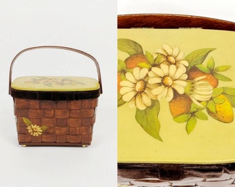 1970s Strawberries and Daisies Decoupage Basket Purse | Vintage 70s Dark Brown Wood Woven Box Purse | Women's Accessories