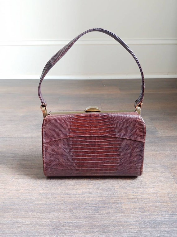 1950s Lizard Skin Handbag | Vintage 50s Brown Rep… - image 5